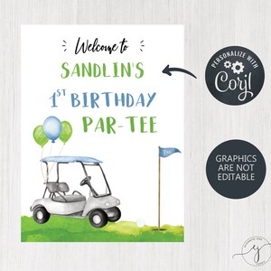 K&ouml;nnte beinhalten: Ein druckbares Schild f&uuml;r eine 1. Geburtstagsparty mit Golf-Thema. Das Schild zeigt einen Golfwagen, Golfb&auml;lle und eine Flagge mit der Nummer 1. Der Text auf dem Schild lautet "Willkommen zu Sandlin's 1. Geburtstag Par-Tee".