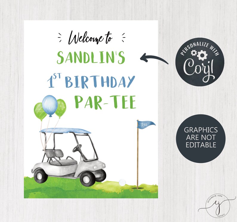K&ouml;nnte beinhalten: Ein druckbares Schild f&uuml;r eine 1. Geburtstagsparty mit Golf-Thema. Das Schild zeigt einen Golfwagen, Golfb&auml;lle und eine Flagge mit der Nummer 1. Der Text auf dem Schild lautet "Willkommen zu Sandlin's 1. Geburtstag Par-Tee".