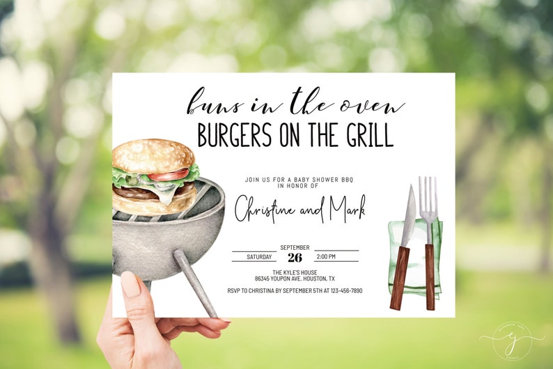 May include: A white invitation card with a watercolor illustration of a burger on a grill. The text reads "buns in the oven, BURGERS ON THE GRILL" and includes details for a baby shower BBQ.