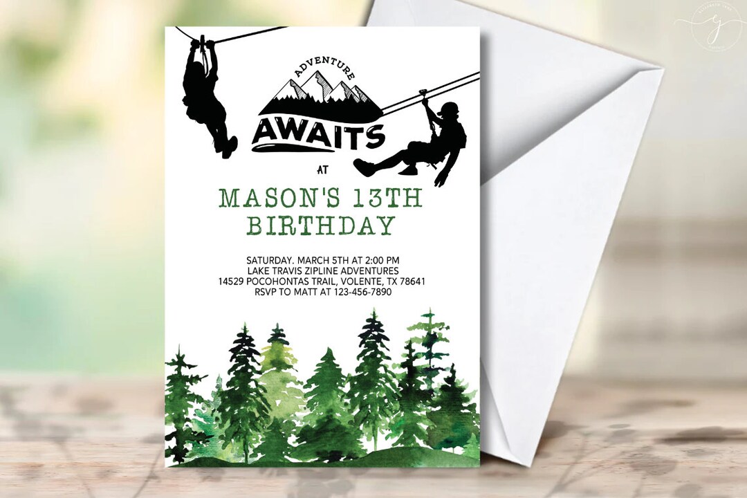 Editable Zipline Party, Adventure Awaits Birthday Invitation, Mountain