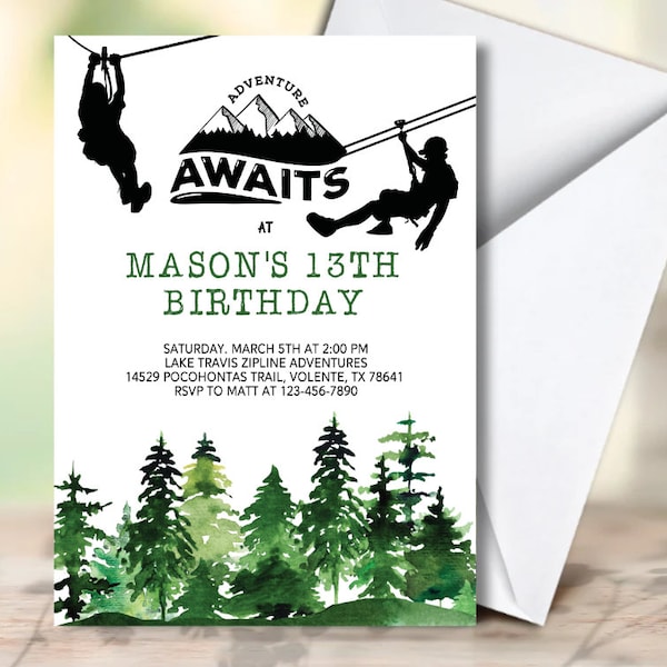 Editable Zipline Party, Adventure Awaits Birthday Invitation, Mountain Woodland Birthday Party Invite Template