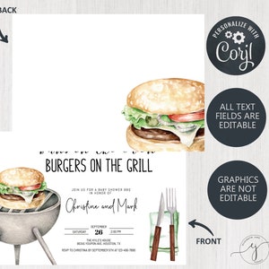 May include: Burgers on the Grill baby shower invitation with a watercolor illustration of a burger on a grill. The invitation is for Christine and Mark and is set for September 26th at 2:00 PM. The invitation includes the address and RSVP information.