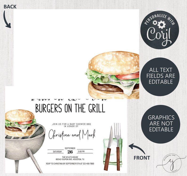 May include: Burgers on the Grill baby shower invitation with a watercolor illustration of a burger on a grill. The invitation is for Christine and Mark and is set for September 26th at 2:00 PM. The invitation includes the address and RSVP information.