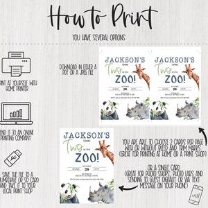 Peut inclure: Une invitation imprimable avec le texte "Jackson's Turning Two at the Zoo !" avec une girafe, un panda et un rhinoc&eacute;ros. Des instructions sont incluses pour l'impression &agrave; domicile, en ligne ou dans une imprimerie locale.