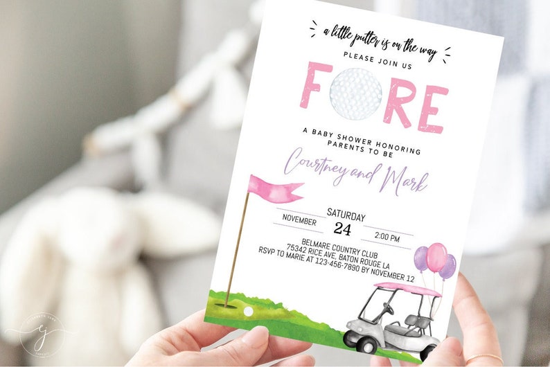 May include: A baby shower invitation with a golf theme. The invitation features the word "FORE" in pink, a golf ball, and a golf cart illustration. The text reads "A little putter is on the way" and includes the date, time, and location.