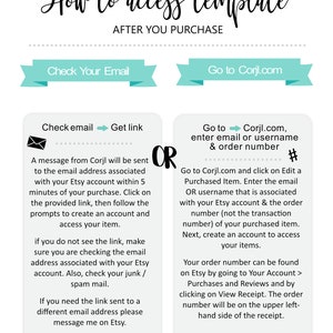 May include: A white graphic with instructions on how to access a template after purchase. The text includes "How to access template" and instructions to check email or go to Corjl.com. The graphic has teal banner accents.