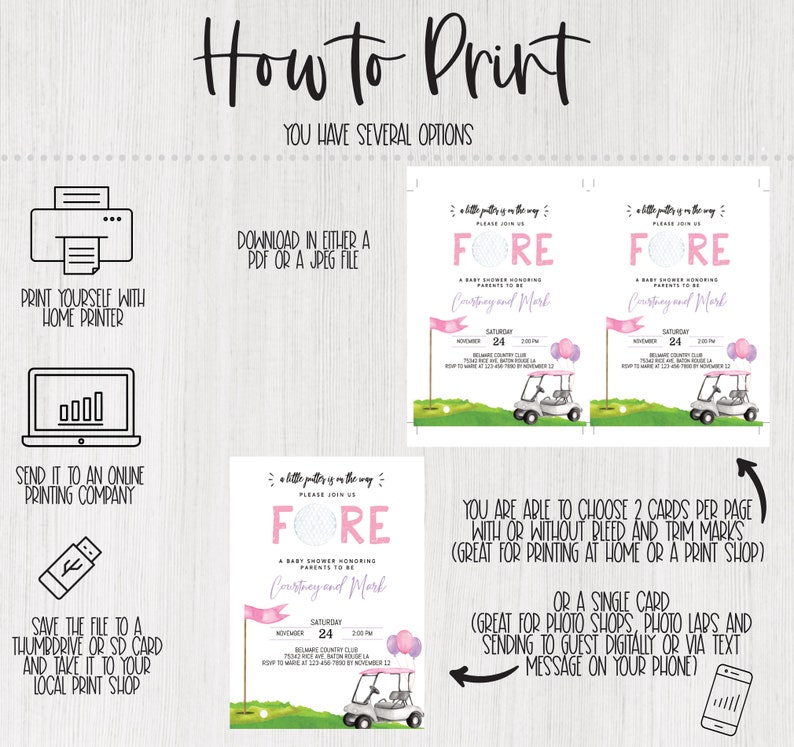 May include: A baby shower invitation with a golf theme. The invitation features the word "FORE" in pink, a golf ball graphic, and details for the event. Instructions on how to print the invitation are also included.