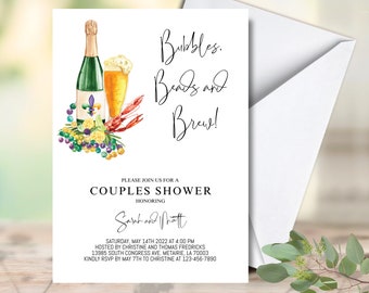 May include: Invitation to a couples shower with the theme "Bubbles, Beads and Brew!" featuring a watercolor illustration of a bottle of champagne, a glass of beer, and beads. The invitation is for Sarah and Matt and is hosted by Christine and Thomas Fredricks on May 14th, 2022 at 4:00 PM.