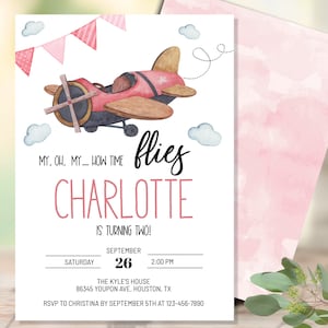 EDITABLE Airplane Birthday Invitation - Pink Girls Airplane Birthday Invitation - Airplane Birthday Invite, Instant Download