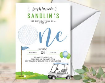 Trou modifiable dans un anniversaire Invitation Golf Premier anniversaire Par-tee Golf Inviter Garçon Golf Télécharger Modèle imprimable Digital Corjl