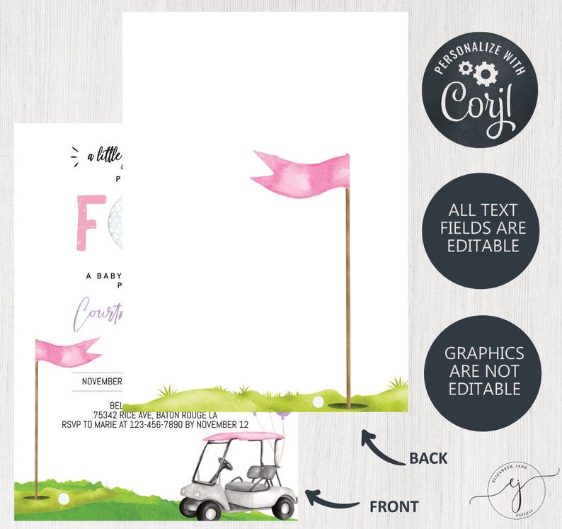 May include: A baby shower invitation with a golf theme. The design features a pink flag, golf balls, and a golf cart. Text includes "a little F", "A BABY", and event details. The invitation is customizable with Corjl.