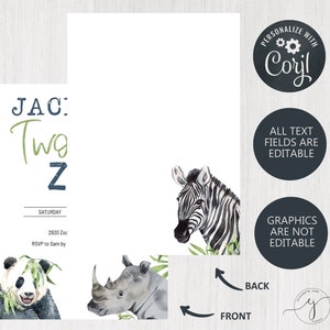 Peut inclure: Une invitation blanche avec des illustrations d'un z&egrave;bre, d'un panda et d'un rhinoc&eacute;ros. L'invitation comprend le texte "JAC: Two Z" et "SATURDAY". Le texte indique que l'invitation est modifiable et personnalisable avec Corjl.