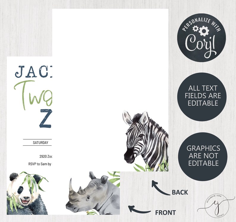 Peut inclure: Une invitation blanche avec des illustrations d'un z&egrave;bre, d'un panda et d'un rhinoc&eacute;ros. L'invitation comprend le texte "JAC: Two Z" et "SATURDAY". Le texte indique que l'invitation est modifiable et personnalisable avec Corjl.