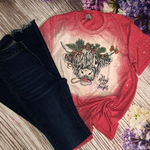 Christmas Bleached Tee with Cow | Merry and Bright | Farm Animals Christmas Shirt | Merry Christmas Heifer | Jolly | Joyful