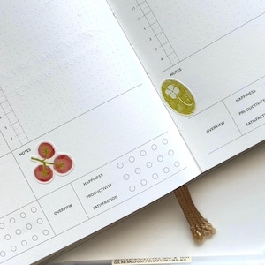 Peut inclure: Carnet ouvert avec un motif de grille de points, avec des autocollants de tomates et un tr&egrave;fle &agrave; quatre feuilles. Le carnet comporte des sections pour les notes, l'aper&ccedil;u, le bonheur, la productivit&eacute; et la satisfaction. Un stylo &agrave; encre gel noire est visible.
