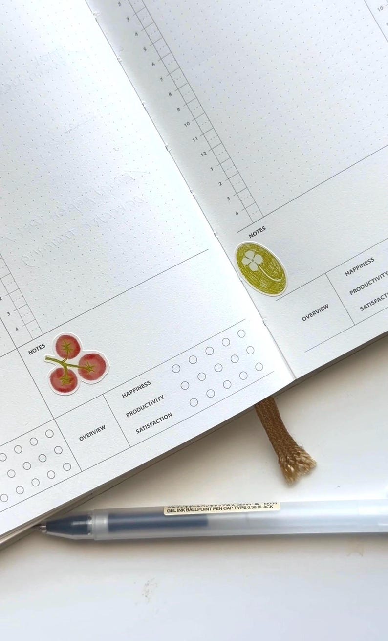 Peut inclure: Carnet ouvert avec un motif de grille de points, avec des autocollants de tomates et un tr&egrave;fle &agrave; quatre feuilles. Le carnet comporte des sections pour les notes, l'aper&ccedil;u, le bonheur, la productivit&eacute; et la satisfaction. Un stylo &agrave; encre gel noire est visible.