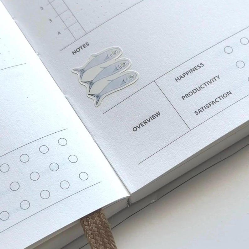 Peut inclure: Un cahier blanc ouvert avec un signet en ruban beige. Trois autocollants de poissons bleu clair sont plac&eacute;s sur la page pr&egrave;s du mot "NOTES". Le cahier contient &eacute;galement les mots "OVERVIEW", "HAPPINESS", "PRODUCTIVITY" et "SATISFACTION".