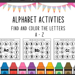 Actividades para encontrar y colorear el alfabeto (A-Z) / Hojas de trabajo imprimibles para preescolar y jardín de infantes / Descarga digital