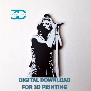 May include: Black and white 3D printed figurine of a person singing into a microphone. The figurine is holding a microphone stand. The text "DIGITAL DOWNLOAD FOR 3D PRINTING" is at the bottom of the image.