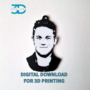 Könnte beinhalten: Schwarz-weißer 3D-gedruckter Büstenabdruck eines Männergesichts. Die Büste ist ein digitaler Download zum 3D-Druck. Der Text "DIGITALER DOWNLOAD FÜR DEN 3D-DRUCK" befindet sich unterhalb der Büste.