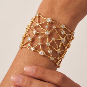 Alexis Bittar Vintage Nest Cuff Bracelet, Heavy Pave Crystal Bangle, Avant Garde Statement Quirky Hollow Wide Jewelry