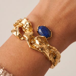 Alexis Bittar Vintage Sapphire Cuff Bracelet, Heavy Molten Gold Bangle, Avant Garde Statement Textured Rock Jewelry