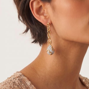 Alexis Bittar Style Melted Chain Earrings, Heavy Rhinestone Pave Drop, Avant Garde Statement Dangle, Quirky Jewelry