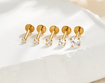 18G 16G Titanium Cz Flat Back Earrings, Cz Screw Back Labret Stud, Cartilage, Tragus, Helix, Conch Nose Stud,Tiny Piercing Gold Diamond Stud