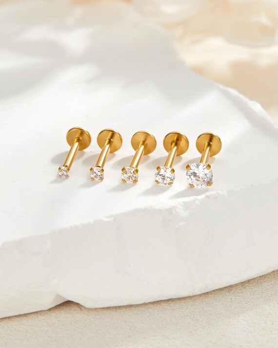 14K Gold 3mm Tiny CZ Screw Back Stud Earrings - Flat Back For Cartilage, Tragus, Earlobe