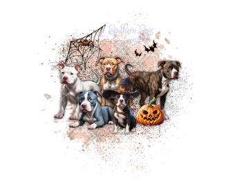 May include: Five pit bull terrier dogs dressed up in Halloween costumes. The dogs are wearing a witch hat, a spider web, and a pumpkin. The dogs are standing in front of a white background with a pink and black splatter pattern.
