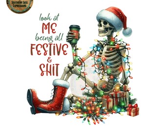 Festive Skeleton PNG, Christmas Shirt Design (Digital Download)