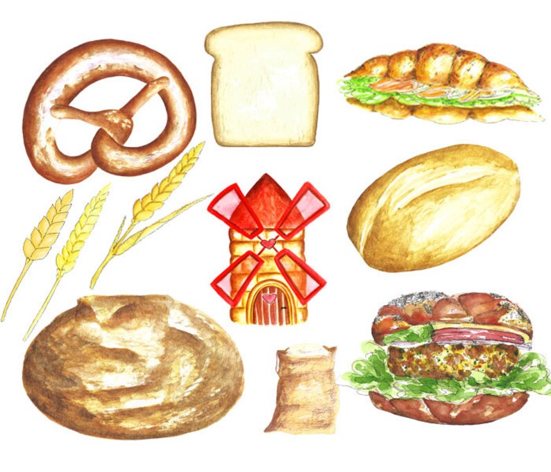 Bretzel Snack Pastry Clipart M\u00fchle Watercolor Clipart B\u00e4ckerei Clipart Br\u00f6tchen Toast Mill Bakery Clipart Brot Bread Clipart