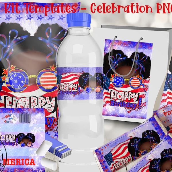 4th of July Happy Birthday Party Patriotic Girl Afro Puffs  print Template Bundle  clipart Commercial Use included Digital Download