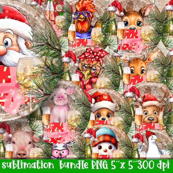 Funny Christmas Ornament Sublimation Bundle Deer and Wine presents on rusty Can lid Digital Download Commercial use included