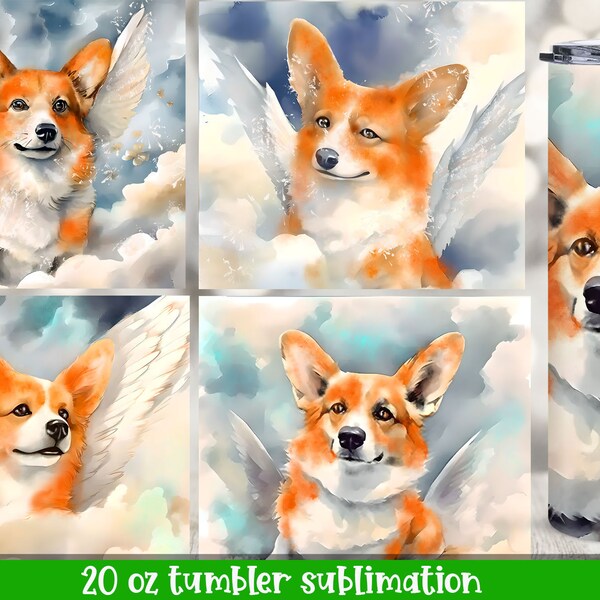 Memorial Corgi 20oz Tumbler Sublimation dog angel with wings in blue Clouds Sky in Loving Memory  Digital Download / Commercial Use included