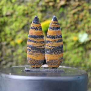 May include: Pair of teardrop-shaped earrings with a black, brown, and gold tiger eye pattern.