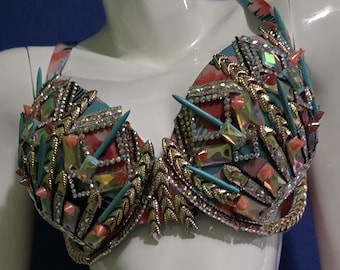 Carnival Spiked Rhinestone Bra Set, Teal Coral Iridescent Rave Costume 38DDD