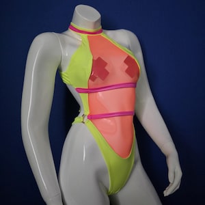 Extra Small Neon Yellow Mesh One Piece with Orange Mesh and Barbie Pink Straps