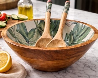 Handmade Mango Wood Salad Bowl Set, Home-Decor, Holiday Hosting, Green Tropical Coastal Decor