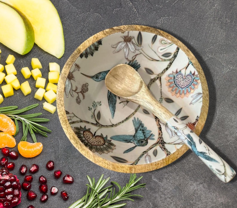 Handmade Mango Wood Salad Bowl Set: Bohemian Hummingbird Design, Spoon set image 12
