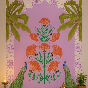 Indian Festival Wall Backdrop, Ganesha & Peacock Lotus backdrop, Pooja decor, Pooja Backdrop