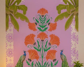 Indian Festival Wall Backdrop, Ganesha & Peacock Lotus backdrop, Pooja decor, Pooja Backdrop