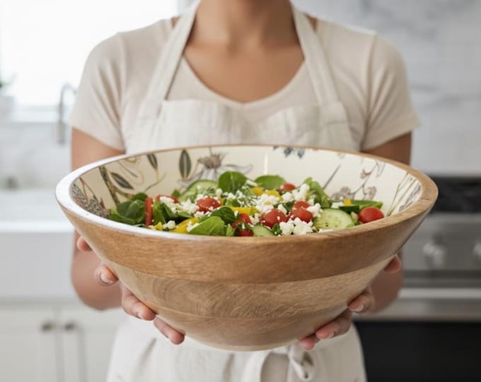 Handmade Mango Wood Salad Bowl Set: Bohemian Hummingbird Design, Spoon set