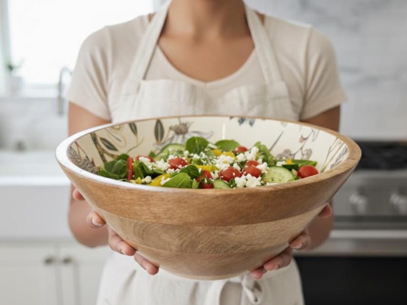 Handmade Mango Wood Salad Bowl Set: Bohemian Hummingbird Design, Spoon set Large