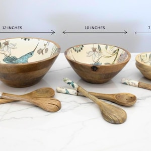 Handmade Mango Wood Salad Bowl Set: Bohemian Hummingbird Design, Spoon set 3 Piece Bowl Set