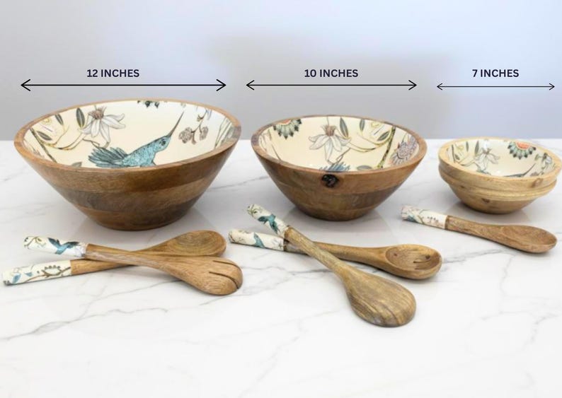 Handmade Mango Wood Salad Bowl Set: Bohemian Hummingbird Design, Spoon set 3 Piece Bowl Set