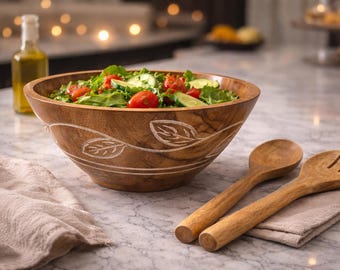 Large Mango Wood Salad Bowl Set with Servers, Farmhouse Kitchen Decor