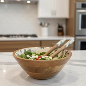 Handmade Mango Wood Salad Bowl Set: Bohemian Hummingbird Design, Spoon set image 6