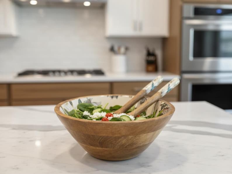 Handmade Mango Wood Salad Bowl Set: Bohemian Hummingbird Design, Spoon set image 6