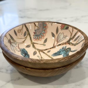Handmade Mango Wood Salad Bowl Set: Bohemian Hummingbird Design, Spoon set Small